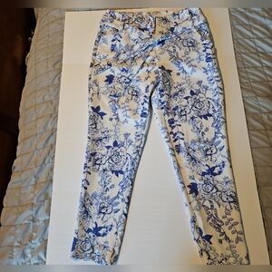 New York & Company Blue and White Floral Pants with Tie Belt